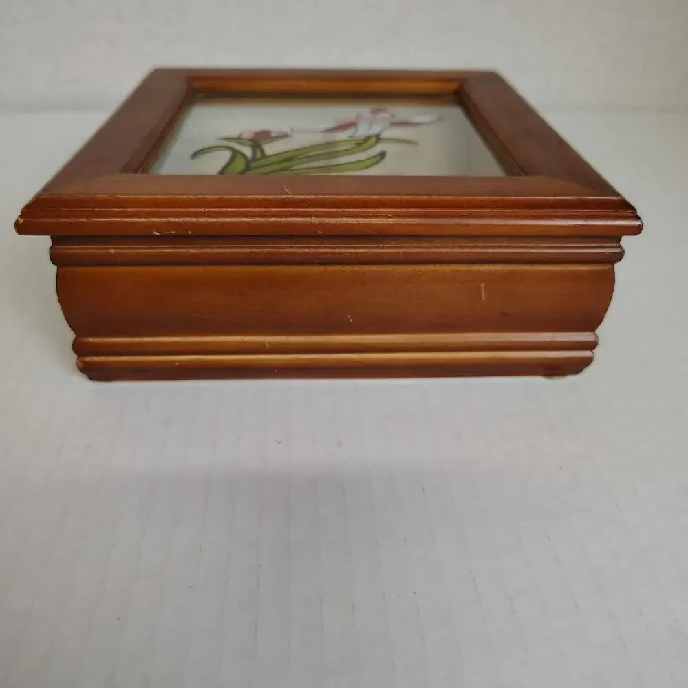 Wood Glass Top Jewelry Box Stained Glass Floral Ring Display Trinket Box